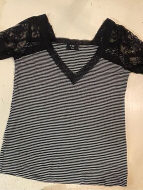 VICI Black & White Striped V-Neck Lace Sleeve Top